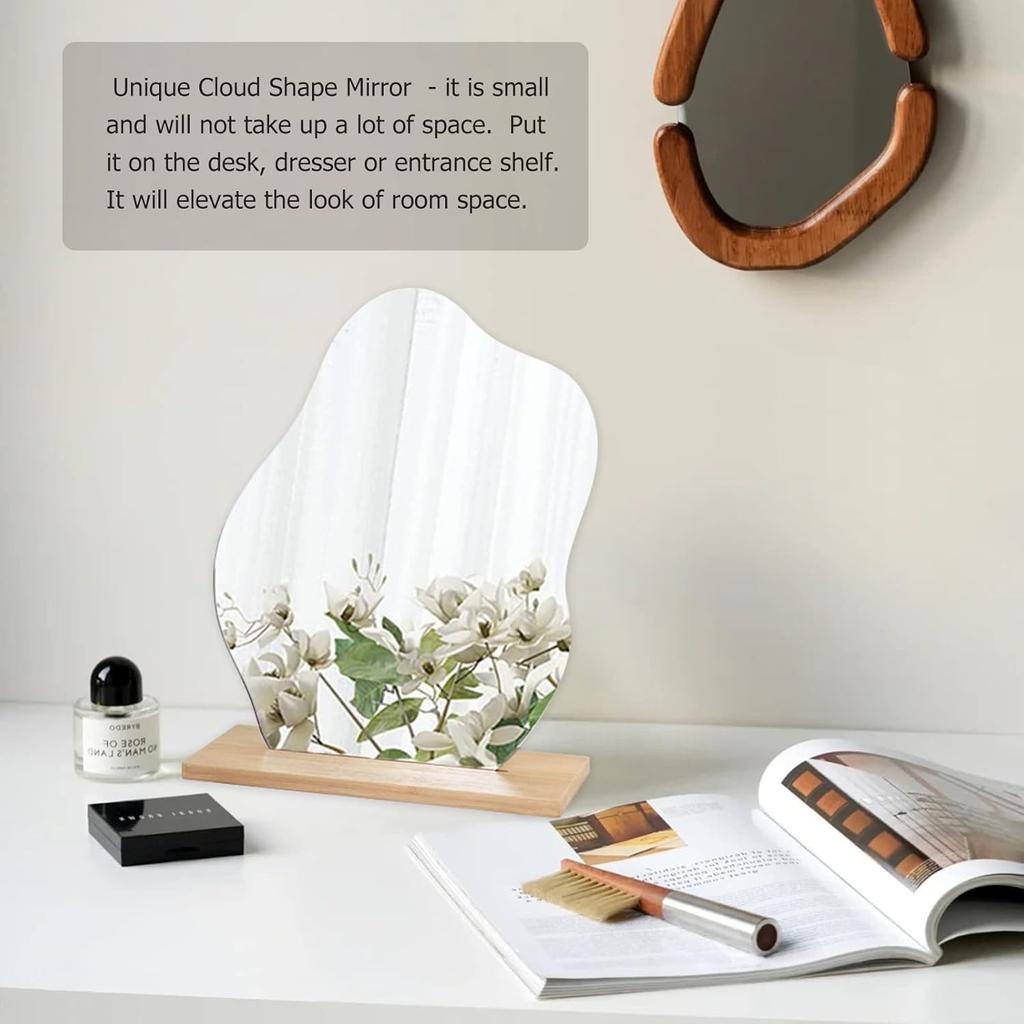 Irregular Aesthetic Vanity Mirror Frameless, Decorative Desk Tabletop Acrylic Mirrors with Wooden Stand for Living Room, Bedroom, and Minimal Spaces