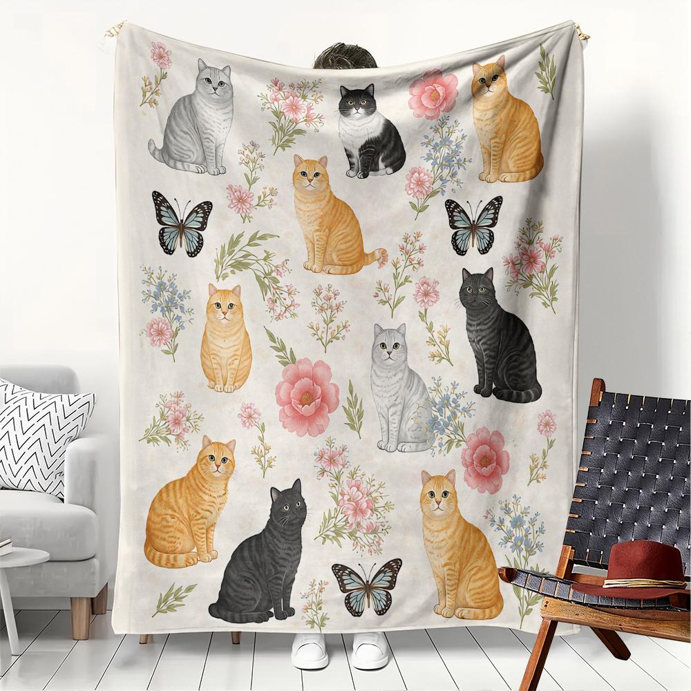 1PC Blanket Vintage Flowers Cats Arts Soft Flannel Thin Blankets for Home School Car Naps Camping Perfect Gifts Four Season Use