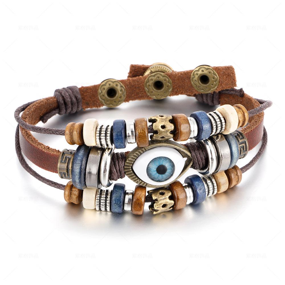 Bohemian Multilayer Braided Leather Bracelet with Eye Beads, Adjustable Couple Wristband