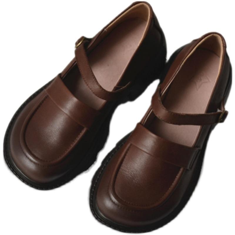 Fashion Leather Big Head Loose Flat Women's Shoes Platform Mary Jane Shoes Thick Soled Cow Leather Shoes