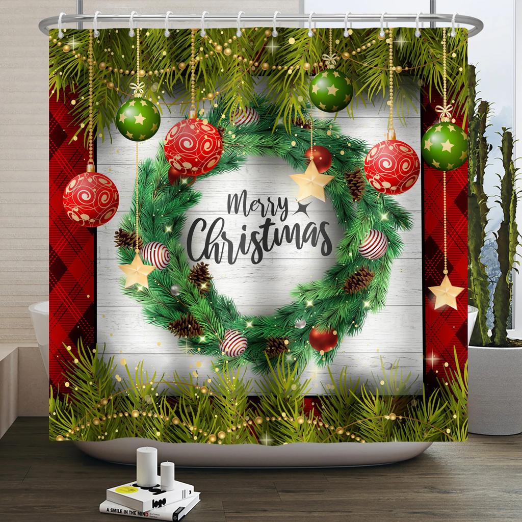 Christmas Shower Curtain Xmas Tree Winter Forest Snow Cute Snowman Bathroom Shower Curtain Waterproof Bath Curtain With Hook