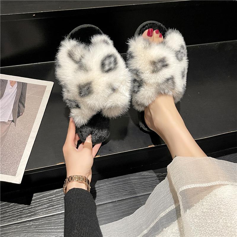 Amazon cross leopard print fluffy slippers autumn and winter warm home indoor flat bottom fashion floor cotton slippers