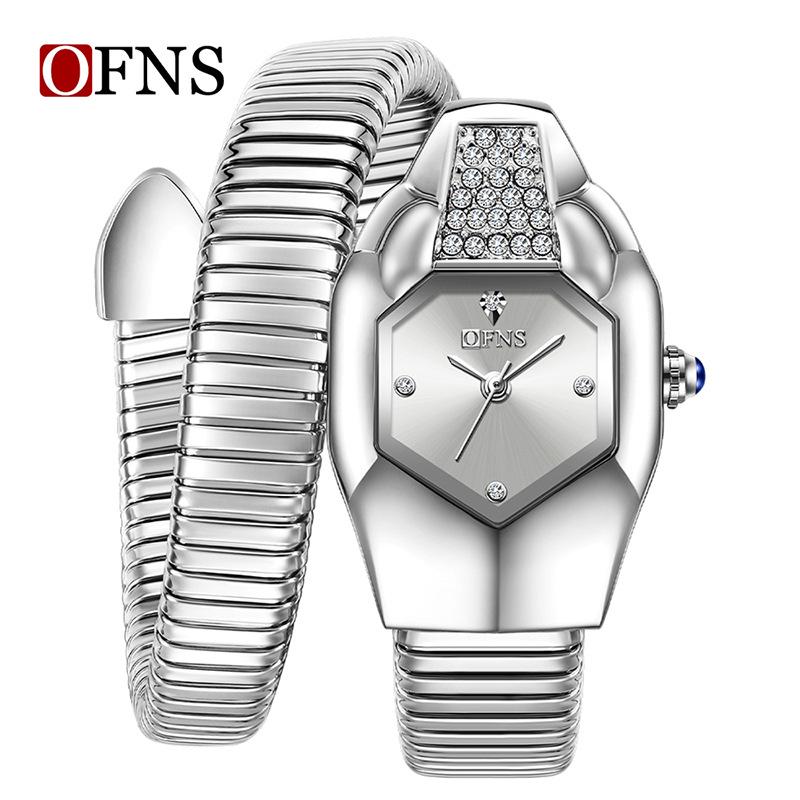 SANDA Women's Luxury Snake Head Bracelet Watch with Roman Mother-of-Pearl Dial, Diamond Accents, English Two-Hand, 30M Water Resistant.