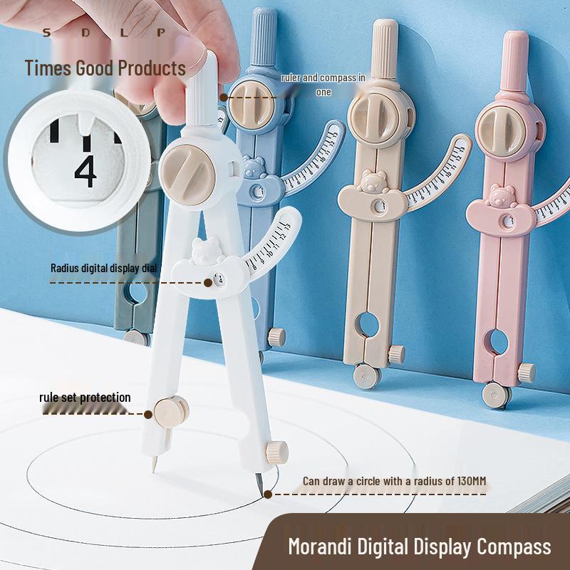 Morandi Digital Compass & Drawing Tool Set for Students – Multifunctional Circle Drawing with Scale & Locking Ruler Compasses with Extra Refill белый