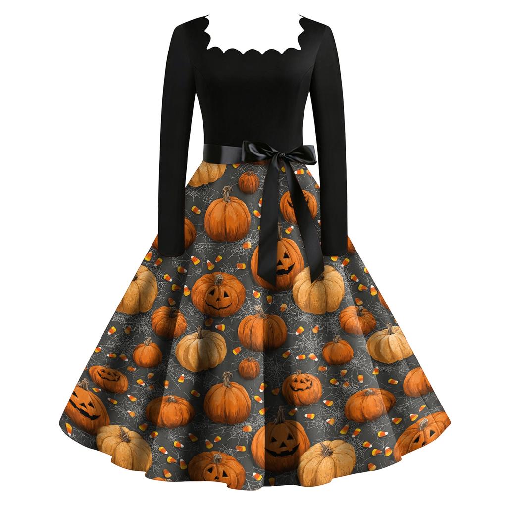 Damska Sukienka Vintage z Długim Rękawem i Kwadratowym Dekoltem z Nadrukiem Szkieletu na Halloween Sukienka Imprezowa w Stylu Retro z Pełną Spódnicą i Paskiem Wiązanym w Pasie