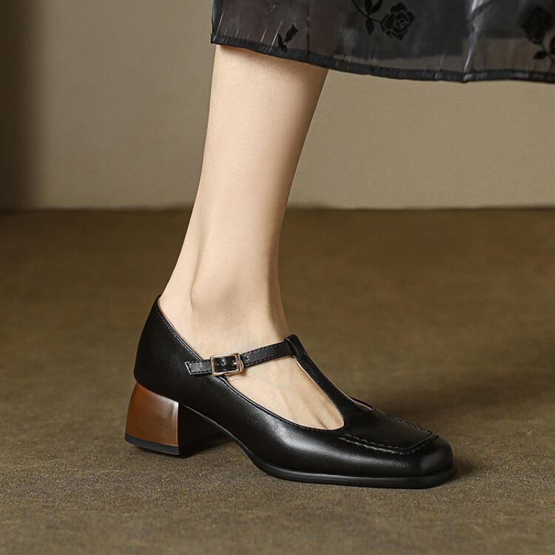 

Новая обувь на все сезоны, женские туфли-лодочки с открытым верхом, повседневные туфли с пряжкой, на среднем каблуке, из маленькой кожи, с квадратным носком, резиновая мягкая подошва, квадратный каблук, черные 39 чёрный