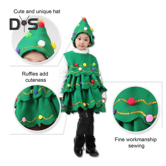 2 Pcs/Set Christmas Costume with Hat Multi Plush Ball Pendant Decor Scattered Cake Hem Sleeveless Round Neck A-line Christmas Tree Cosplay