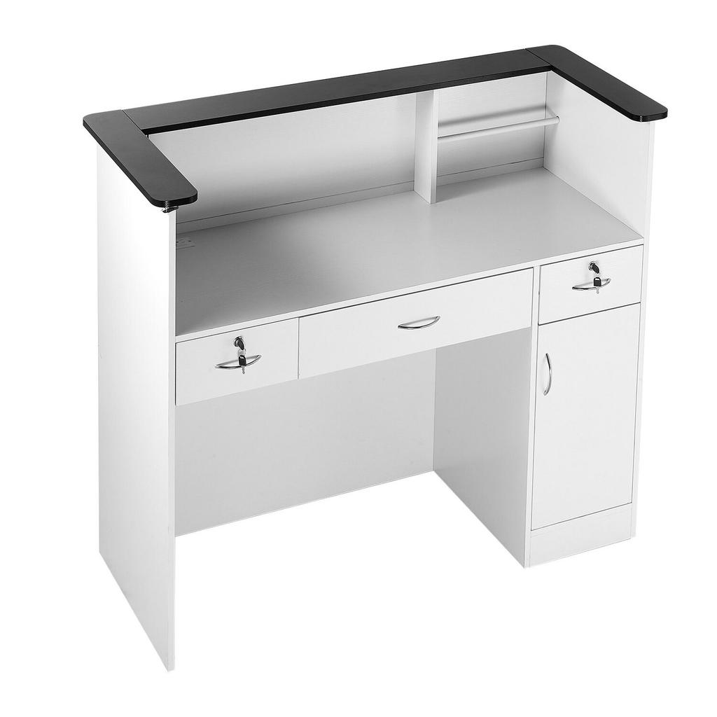 Reception Desk, 127.5cm Rectangular Front Counter Table, Modern Office Reception Desk with Light Strip, 3 Drawers & Storage Cabinets, Retail Counter