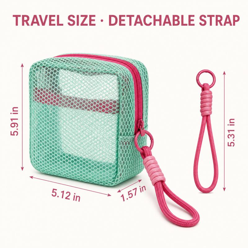 Kleine Netz-Strandtasche Klare Kosmetiktasche mit abnehmbarem Handgelenkband Reise-Organizer für Sonnencreme Schlüssel Kabel