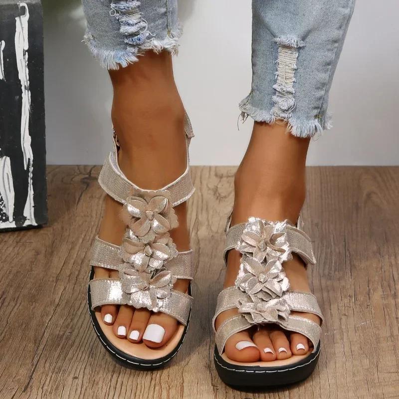 Fashion Oversized Sandals Summer  Hollow Out Slope Heel Fish Mouth Flower Buckle Casual Sandals Orthopedic Sandals Comfort Woman