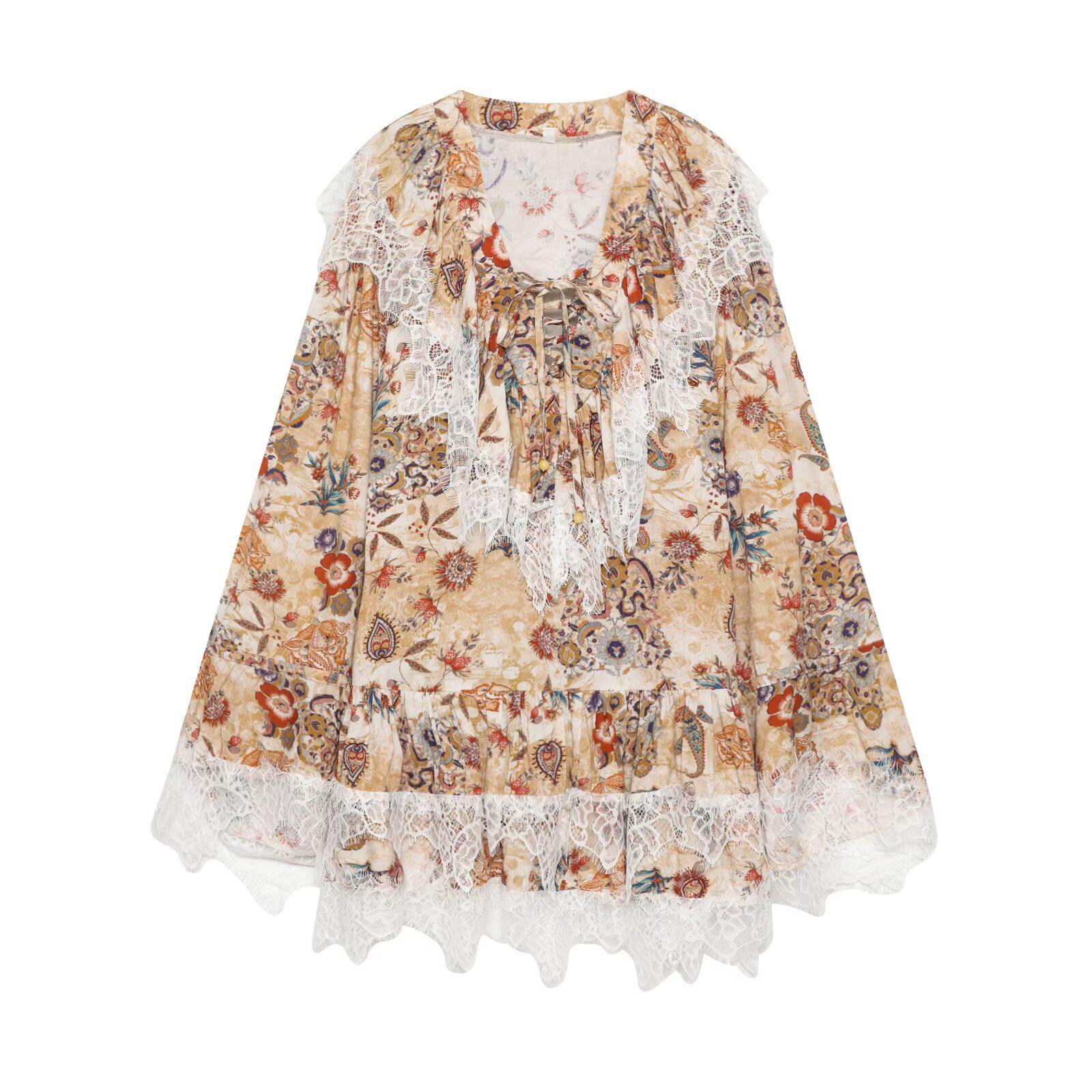 Spring 2026 European & American Women s Long Sleeve Printed Dress with Lace Trim XS