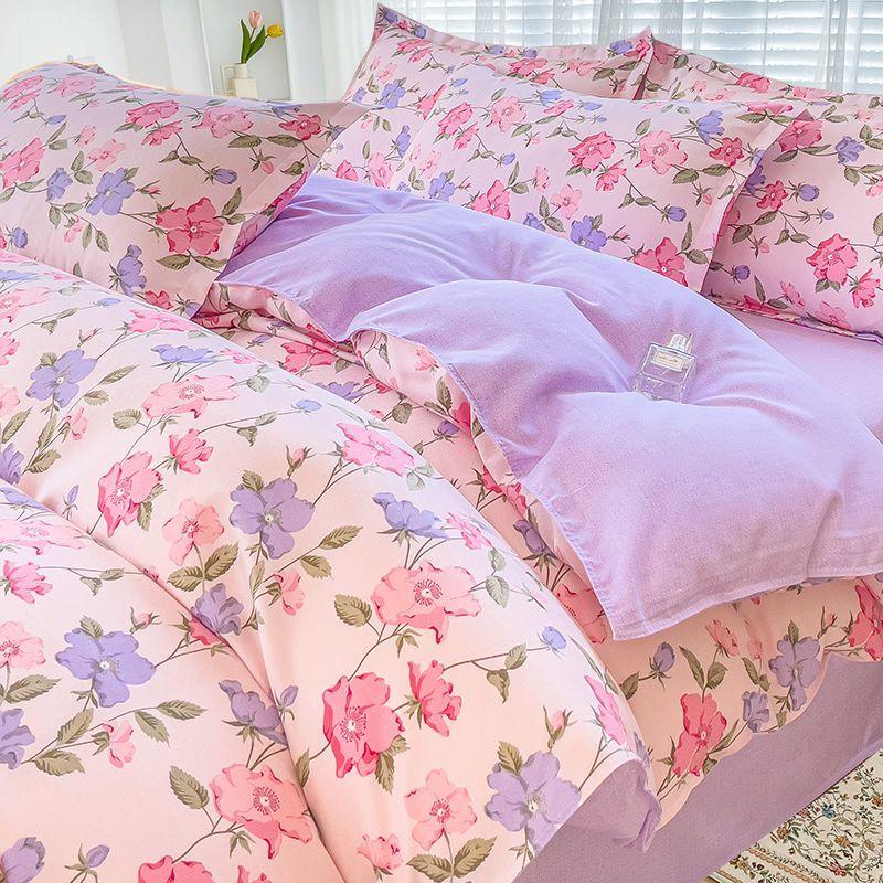 Simple Class A Washed Cotton Four-piece Bedding Set Princess Style Printed Quilt Cover Dormitory Bed Sheet Three-piece Quilt Cover