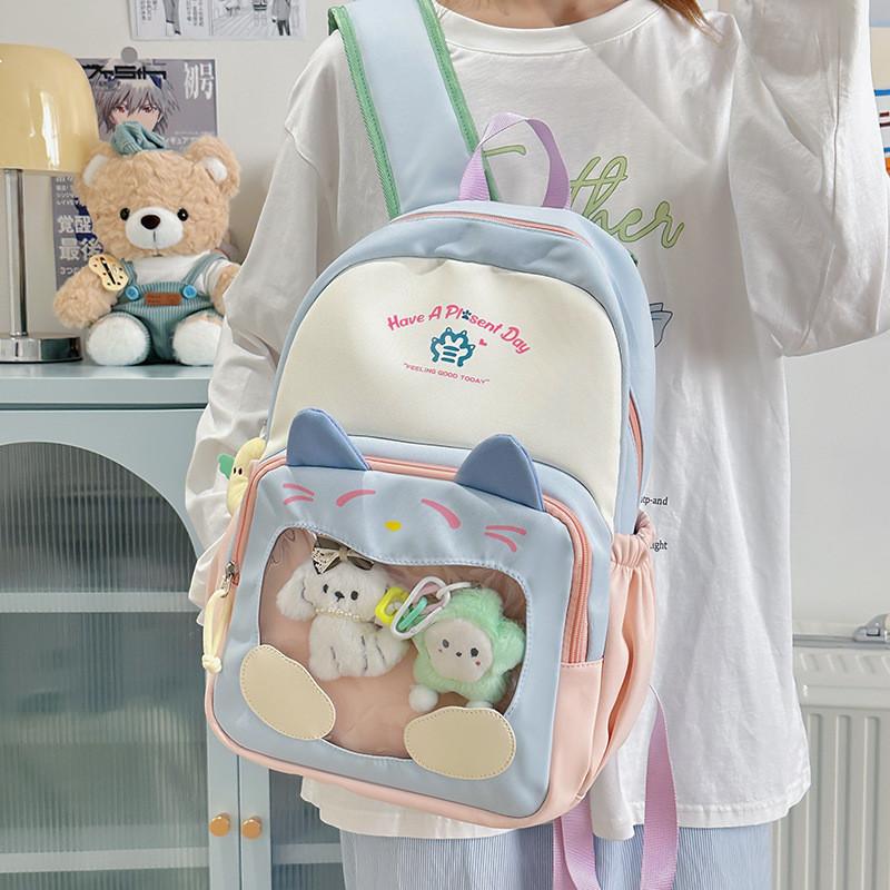 Cat Pattern Itabag Nylon Student Backpack With Clear Design And Padded Straps For Middle School Students