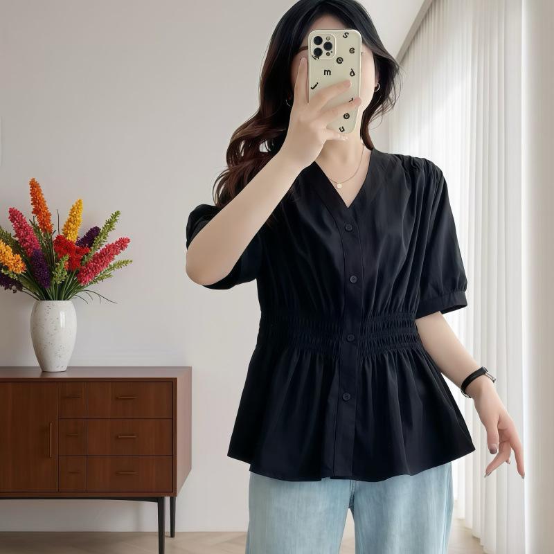Summer Plus Size Elastic Waist Office Lady Shirt and Blouse Short Sleeve Solid Top Women Clothing V-neck