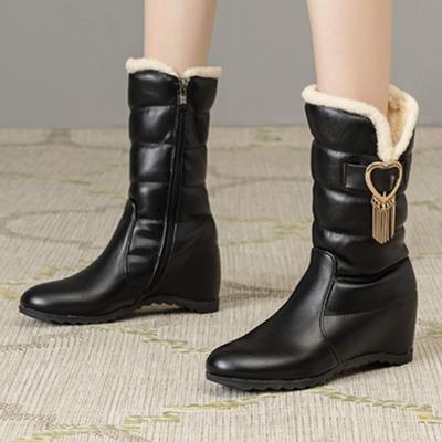 Fashion Women's Winter Fur Snow Boots Black White Mid-calf Boot Female Wedge Heels Decoration Footwear Shoes Ladies Large Size