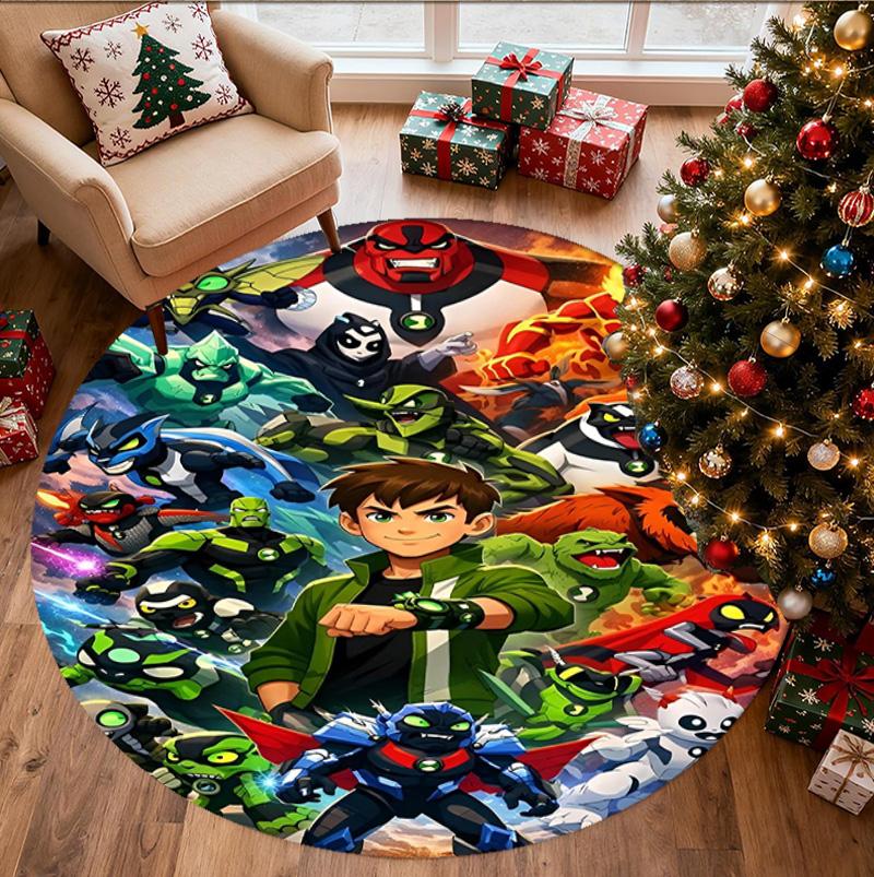 Ben 10 Cartoon Pattern Round Rug, Indoor/Outdoor Mat, for Picnic, Gameroom, Bedroom, Office, Living Room, Home Decor Carpet, Birthday Gift