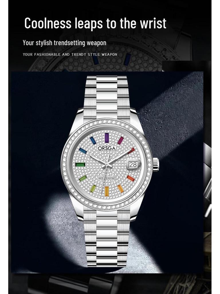 ORSGA Men's Luxury Quartz Watch with Star Design and Colored Diamond Accents