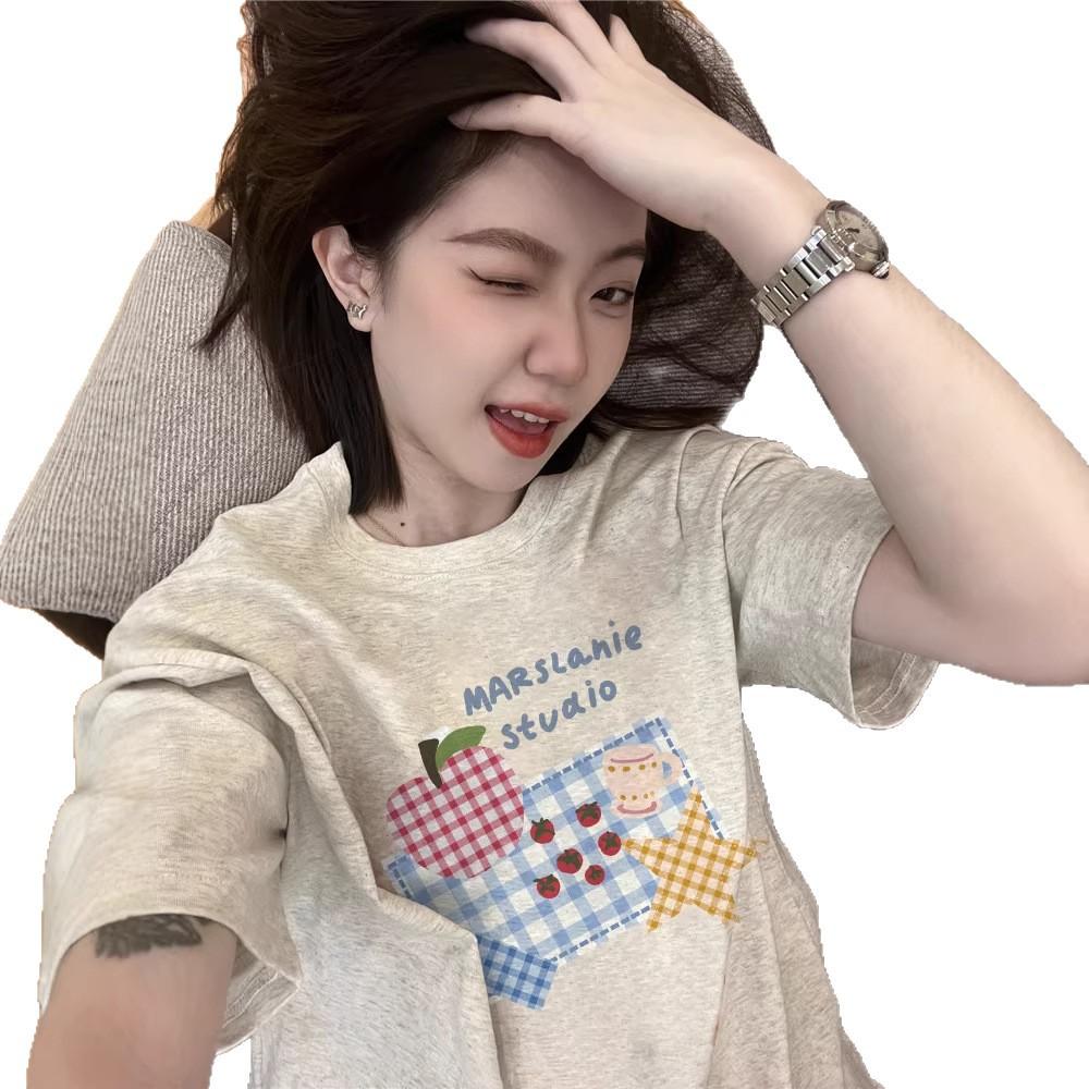 Pure cotton European goods American retro short-sleeved t-shirt women's summer loose fat mm lazy niche design half-sleeved top