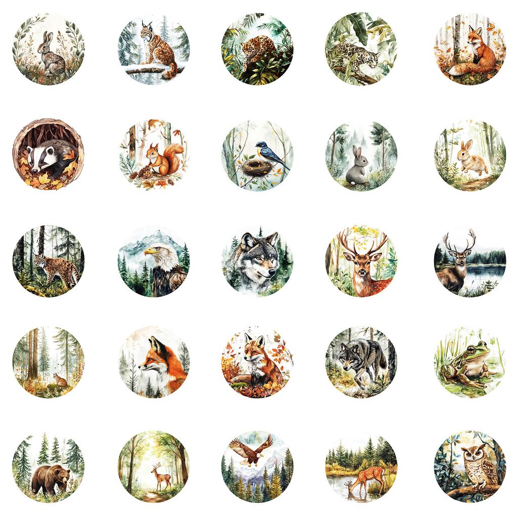 50 Round Vintage Style Watercolor Animal Graffiti Stickers Tiger Fox Rabbit Non-Repeating Stickers