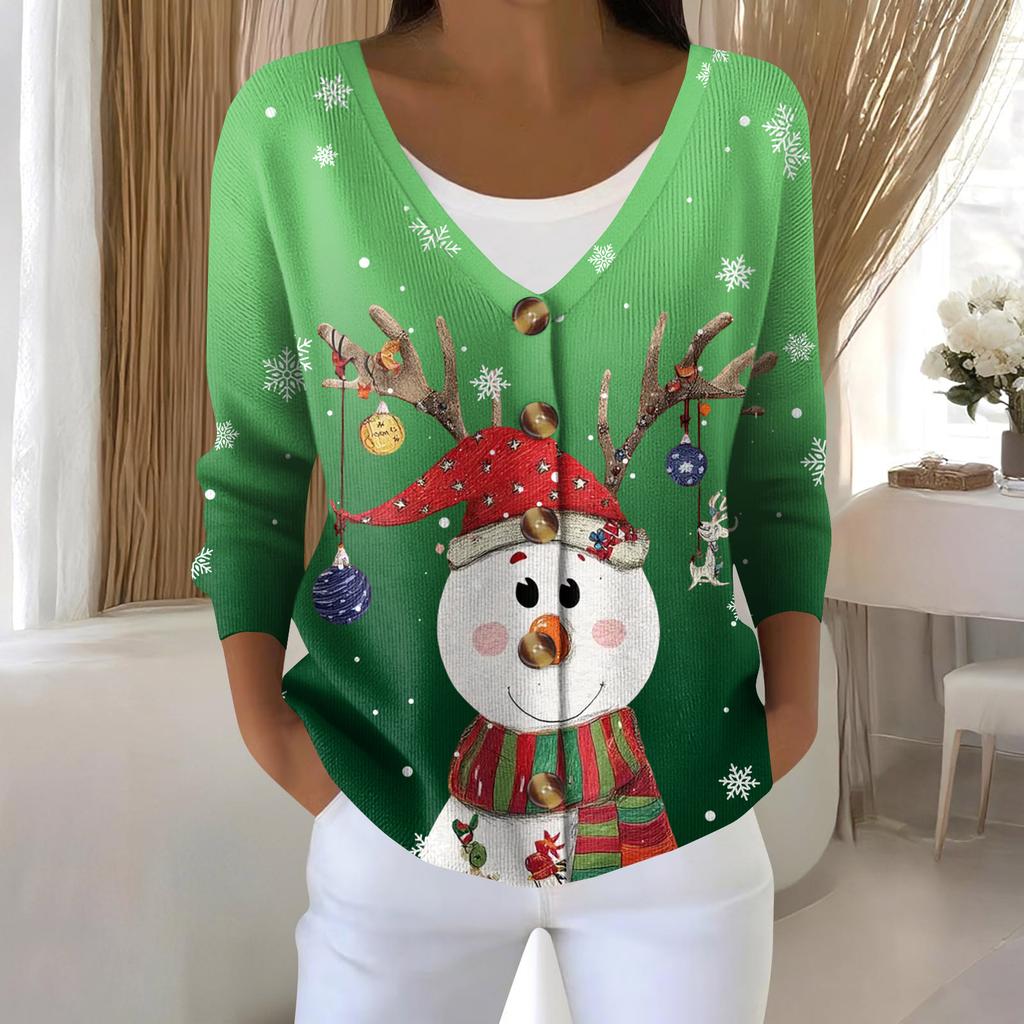Women's Fashion Long Sleeve Christmas Snowman Snowflake Print Jacket Cardigan