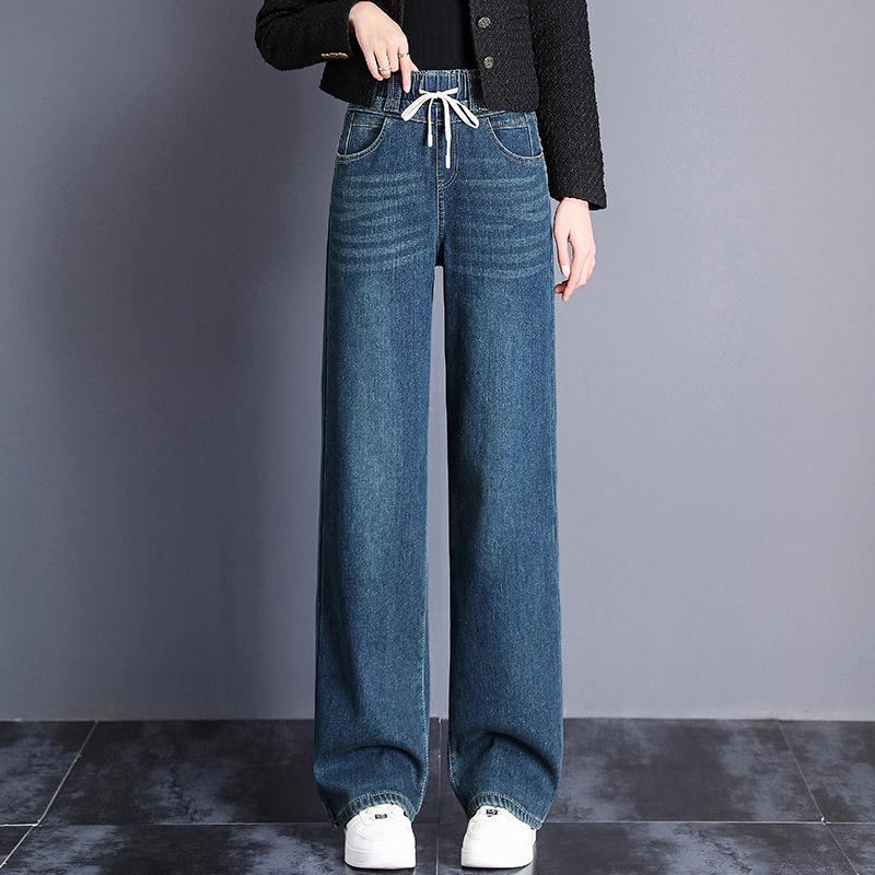 Women s Retro Dark Blue High-Waist Straight-Leg Velvet Jeans with Elastic Drawstring Waist Size 29 (110-120 jin)