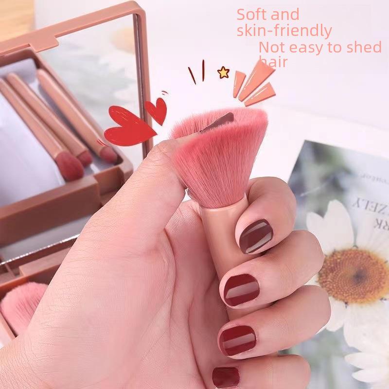 5-Piece Portable Makeup Brush Set with Mirror - Multifunctional Beauty Tool for Powder and Blush