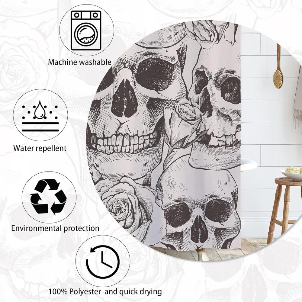 Skull Gothic Skeleton Shower Curtain, Goth Black Floral Rose Decor For Bathroom, Halloween Artistic Waterproof Washable