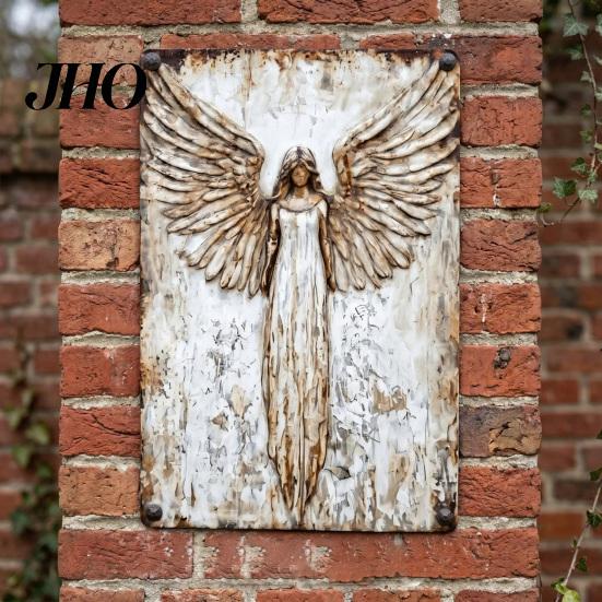 Retro Angel Relief Art Rustic Guardian Metal Wall Art, Vintage Distressed Wings Hanging Nostalgic Ornament Plaque for Farmhouse, Living Room, Bedroom,