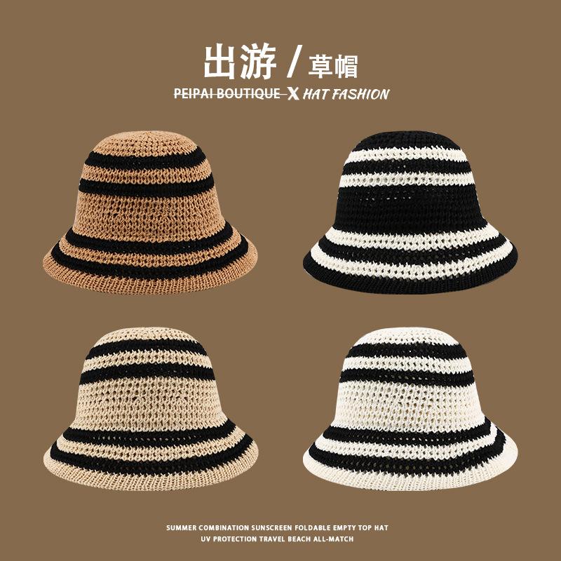 Women's Straw Hat Woven Sunshade Beach Hat Summer Hollow Breathable Bucket Hat Beach Sunshade Hat