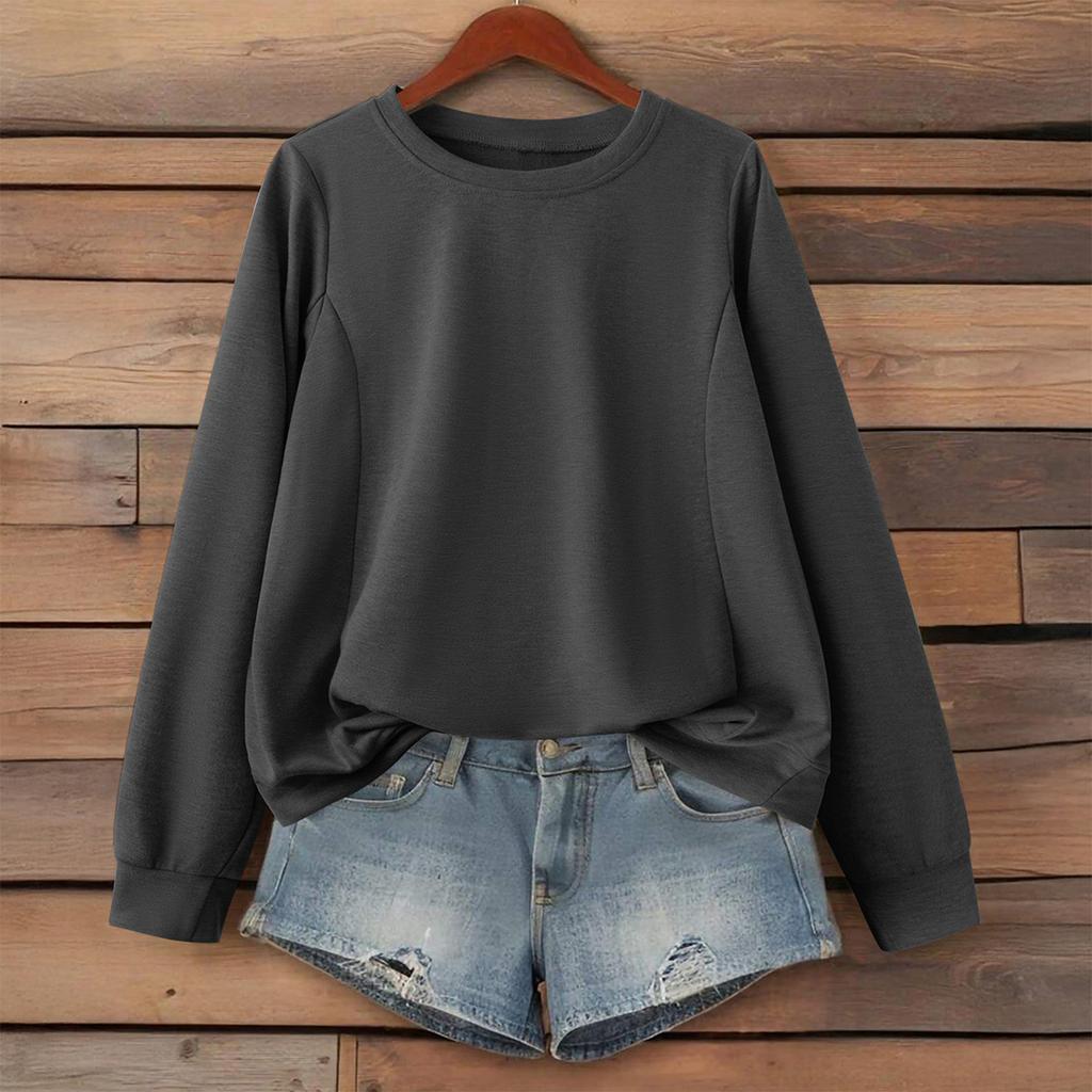 Women's Fashionable Solid Color Round Neck Long Sleeved Sports Casual Pullover Sweatshirt Top