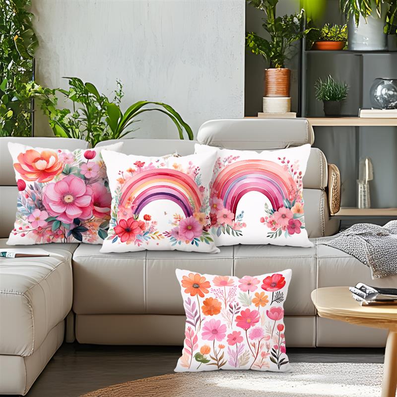 Pink Watercolor Flower Pillowcase Soft Plush Decor Cartoon Floral Plant Cushion Cover For Sofa Home Children Room Pillow Case