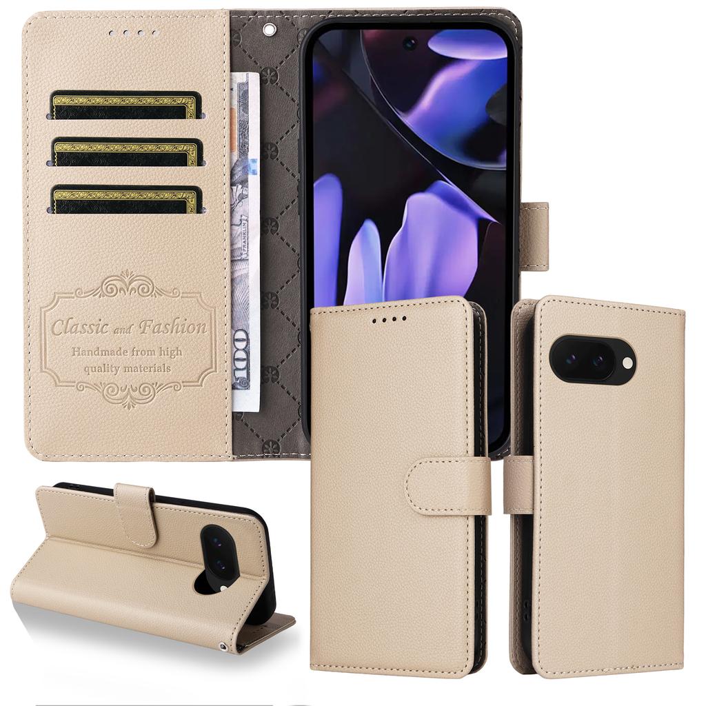For Google Pixel 9a Case RFID Blocking 3 Card Slots PU Leather Phone Cover with Wrist Strap
