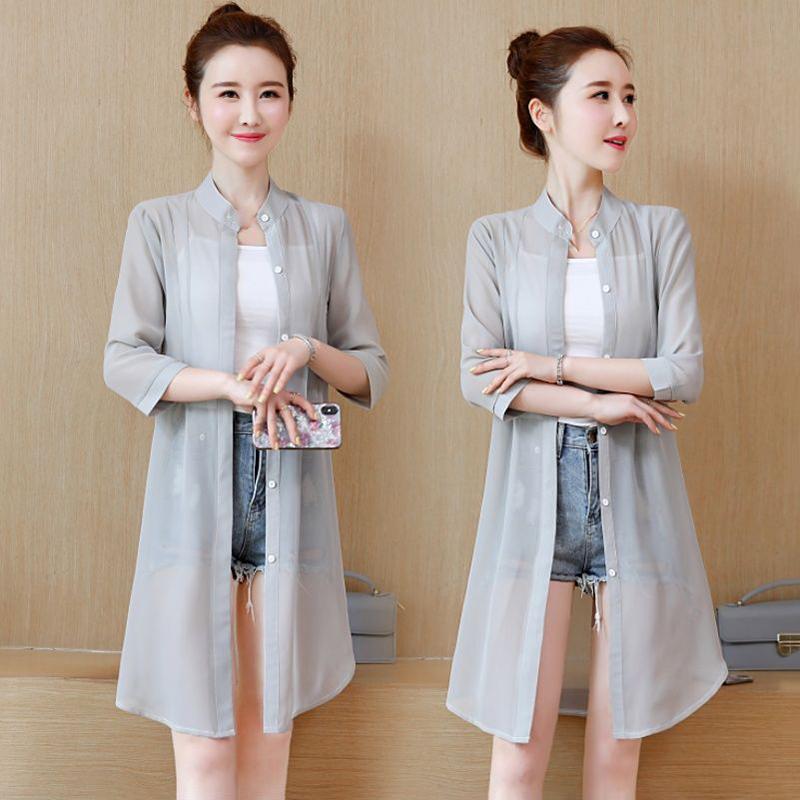 Sun Protection Clothing Women's Mid-length Beach Summer Chiffon Cardigan Shawl Air-conditioning Shirt Thin Coat