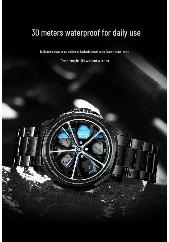 SVJ Men's Double Wheel Hub Watch with 3D Hollow Design and Brake Caliper Style