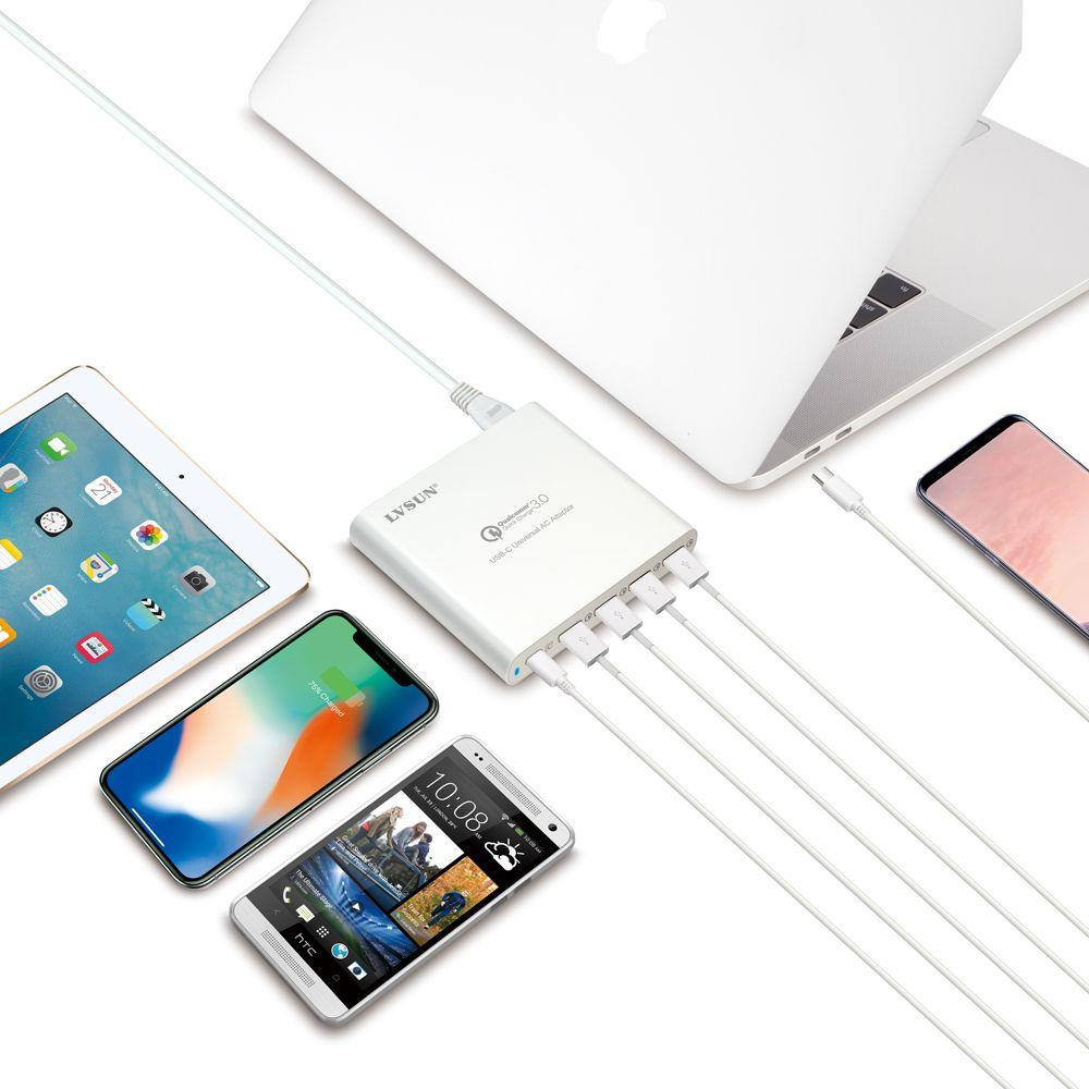 

Smart 5-Port USB-A and USB-C Charging Station 80 Watts Quick Charger QC 3.0 PD 3.0 Black чорний