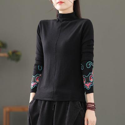 Women's Embroidered T-shirt Loose FlockingThickened Semi-turtleneck T-shirt Autumn Winter Warm Pullover