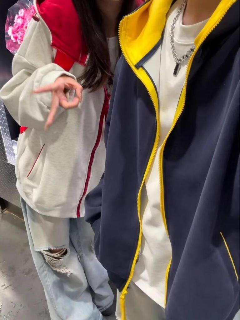 Men's Retro Color Block Hooded Cardigan Sweatshirt for Autumn/Winter