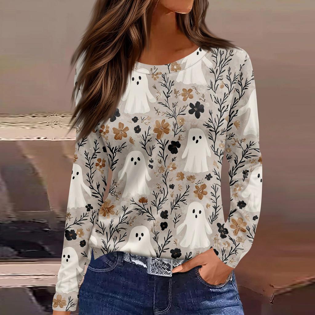 Women's Fashion Hem Slit Casual Halloween Printed Round Neck Long Sleeve Top