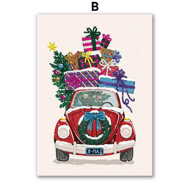 Christmas Tree Girl Santa Claus Car Gift Party Wall Art Canvas Painting Nordic Posters Prints Picture For Living Room Home Decor