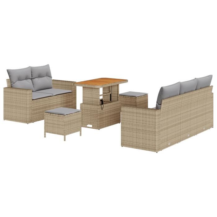 Ensemble de canapés de jardin 8 pièces avec coussins beige en rotin synthétique acacia, Ensemble de salle à manger de jardin 3361562
