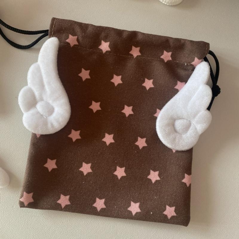 Drawstring Bag Plush Wing Cosmetic Bag Star Pattern Makeup Bag Portable Storage Bag Organizer Bag