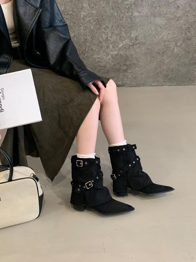 Retro Thick Heel Medium Boots Women's 2025 New Autumn Versatile Pointed Western Cowboy Boots Belt Buckle Trouser Boots
