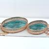 Luxury Round Decorative Trays Teal Marble Glass with Rose Gold Ornate Frame for Vanity & Coffee Table Storage Trays Home