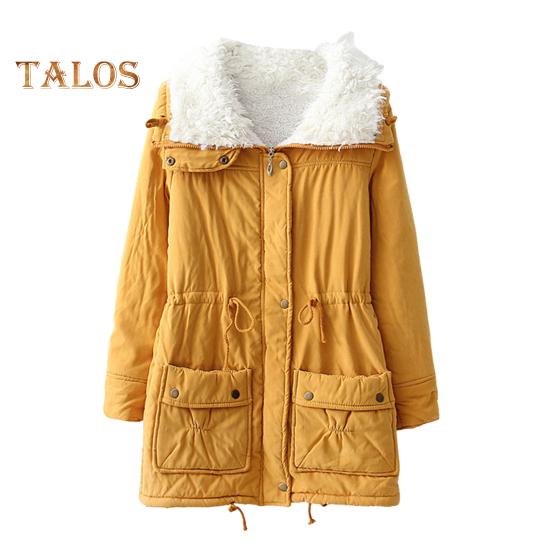 Winter Women Jacket Thickened Plush Turn-down Collar Long Sleeves Elastic Waist Pockets Zipper Closure Coat Mid Length Windproof Warm Coat
