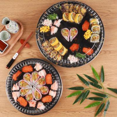 Vassoi per panini rotondi da 10 pezzi con coperchi Modello trasparente stampato Vassoi per catering durevoli ed eleganti per uso alimentare Scatola per sushi