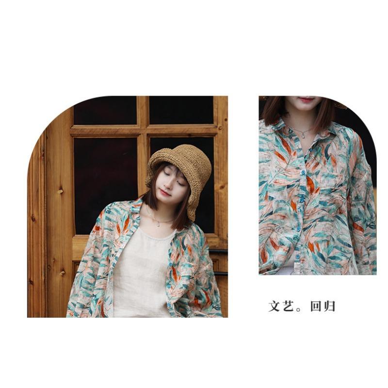 Women S Literary Retro Cotton Linen Floral Long Sleeve Loose Mid Length Shirt