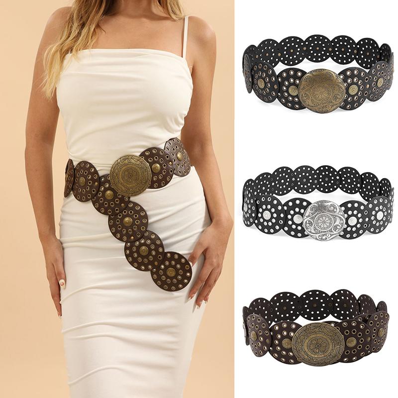 Curea Boho Disc Lată Femei Vintage Piele Pu Hollow Western Cowboy Cataramă metalică Curele cu lanț Curele rotunde exagerate