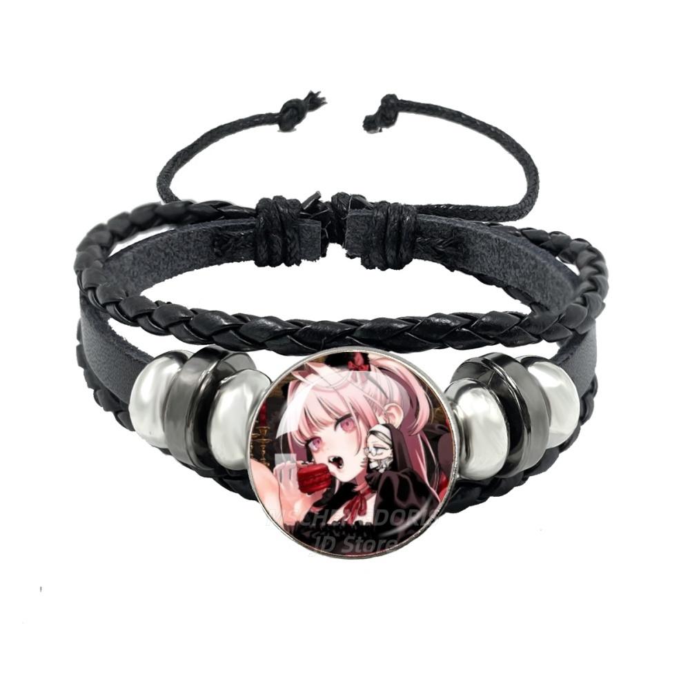 Manga Gokurakugai Cartoon Character Glass Cabochon Black Leather Bangle Bracelet Jewelry Charm Fans Gift MS013