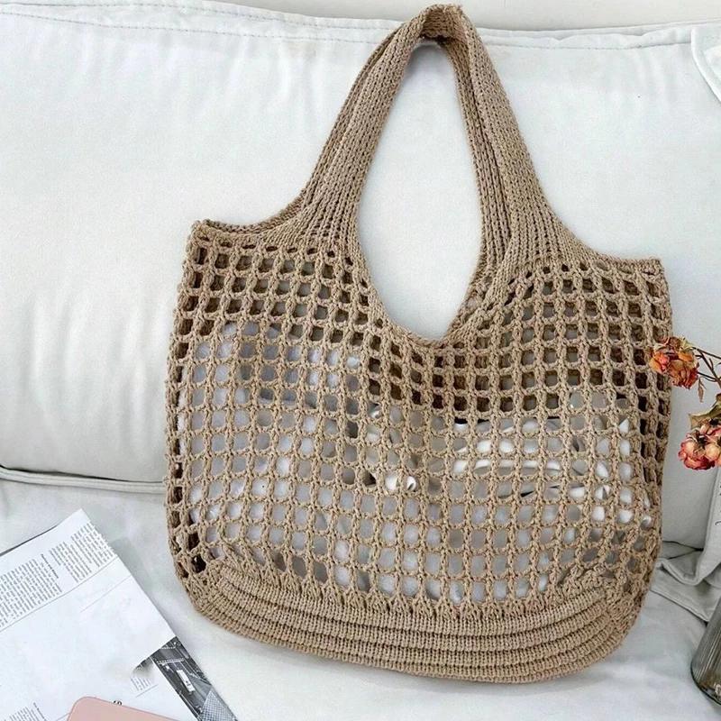 Fashion Crochet Bags for Women Beach Tote Bag Raffia Aesthetic Totes Straw Bohemian Boho Woven Knit Shoulder Bag