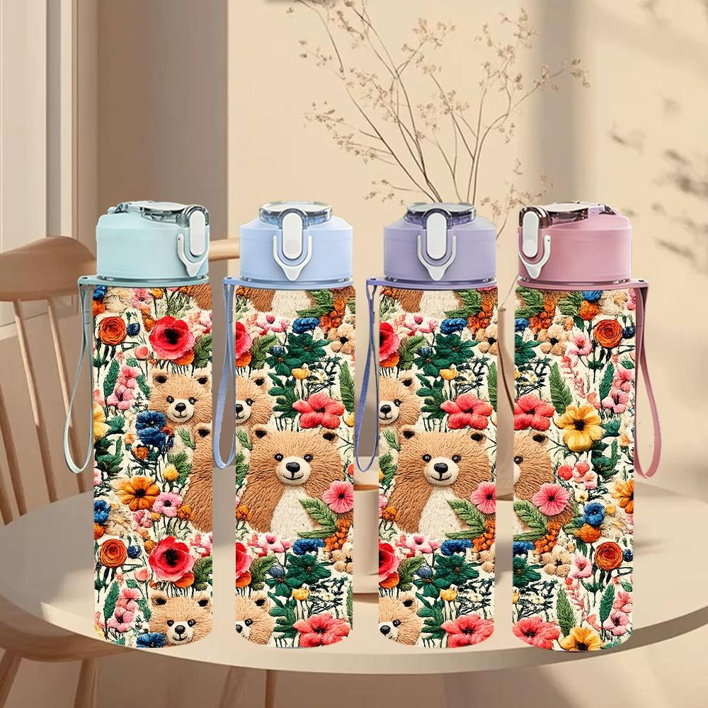 1PC Bear Floral Mix Print 750ml Color Plastic Sports Water Bottle Leakproof Flip Straw Lid Suitable for Sports Office Home Use